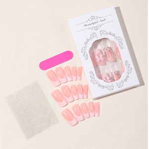 Faux ongles French avec nœuds roses et strass, kit complet avec colle et lime à ongles