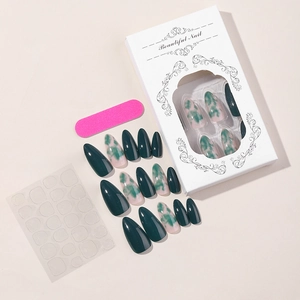 Green marble press-on nails set with almond false nails, nail file, and adhesive tabs