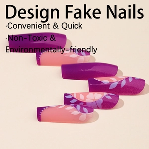Purple and pink gradient trapezoid fake nails with hand-painted clover flower designs