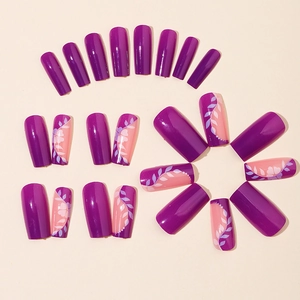 Handmade purple and pink gradient press-on nails with 24 pieces and floral clover patterns