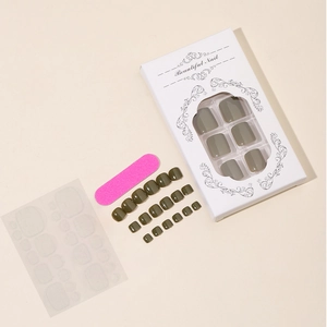 Dark olive green glossy press-on toe nail kit with 24 pieces, file, and adhesive tabs