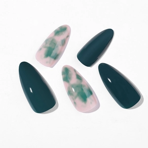 Green marble almond press-on nails with dark emerald solid color and glossy finish