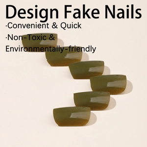 Glossy dark olive green press-on toenails in various sizes on a clean background