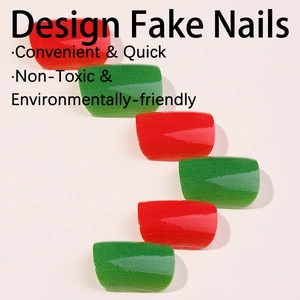Short square press-on toenails with glossy Christmas red and green color block design