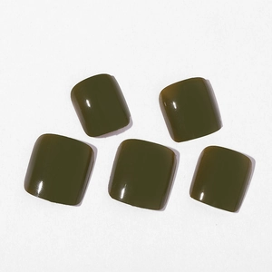Glossy olive green press-on toe nails in a square-round shape on white background