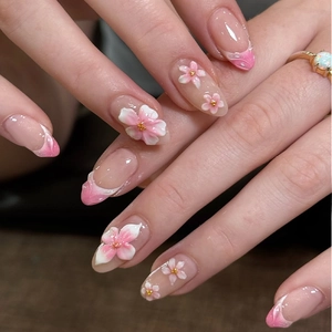 3D Floral Press On Nails Almond Shape French Tip Gradient Pink White Handmade Style Elegant For Women With Adhesive Tabs
