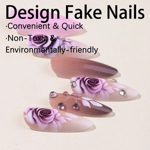 Faux ongles stiletto imprimés 3D avec dégradé rose violet et strass scintillants