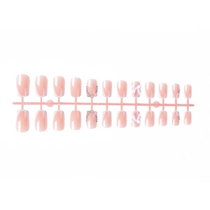 French style long coffin press-on nails with white tips, pink base, and cute 3D bows
