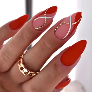 Faux Ongles Longs Amande À Presser Mat Rouge Nude Rose Style Français Avec Paillettes Dorées Design Tourbillon Femme
