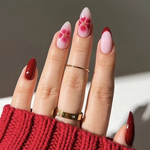 Long Almond Press On Nails Glossy Resin Wine Red French Tips With Flower And Gold Details Luxury Style For Women