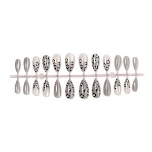 Cat eye almond press-on nails with leopard print and silver mirror finish, set of 24 pieces