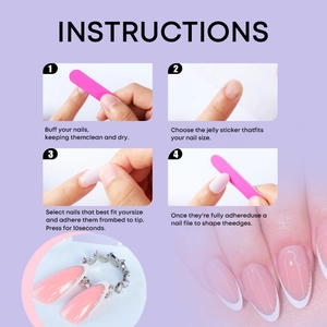 Almond shaped fake nails with white French tips and glitter displayed in a four-step guide