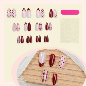 French almond press-on nails with red hearts, bows and plaid patterns set of 24