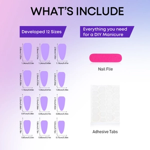 Pink heart french tip press-on nails kit with 12 sizes and prep tools shown on purple background