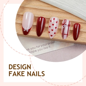 Sweet pink almond press-on nails with heart patterns, plaid designs and ribbon elements