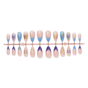 Blue stiletto press-on nails set with golden evil eye and embossed floral designs