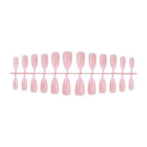 Pink almond press-on nails with french heart patterns on a 24-piece professional display set