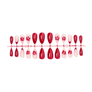 Almond-shaped press-on nails in burgundy and pink with delicate golden floral accents