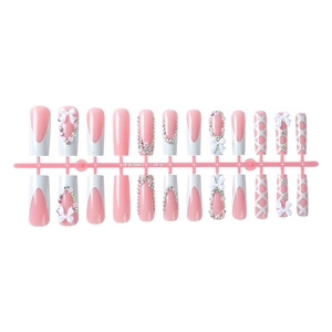 24pcs coffin press on nails with pink French tips, 3D bows, and rhinestone accents