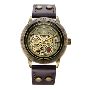 Men Automatic Mechanical Watch Skeleton Dial Vintage Bronze Alloy Case Riveted Leather Strap Steampunk Retro