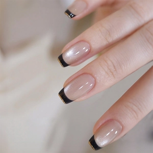Black French Tip Cat Eye Press On Nails Glossy Nude Pink Shimmer Fake Nails For Women Short Square Round False Nails Set