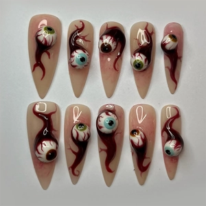 Halloween long stiletto press-on nails with realistic 3D bloodshot eyeballs design
