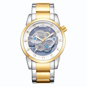 Montre mécanique squelette pour homme avec bracelet en acier bicolore argent et or