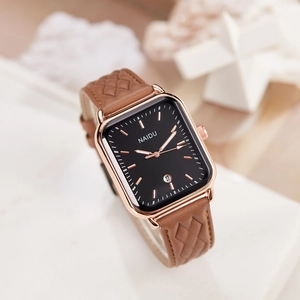 Rectangle quartz watch with rose gold case, brown woven leather strap and black dial