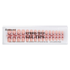Detail von 24 Bio-Gel Kunstnägeln in Nude und Burgund mit transparenter Verpackung
