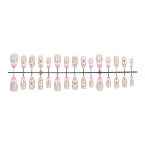 3D floral almond press-on nails with pink and white French gradient and gold accents