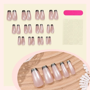Short trapezoid press-on nails set with shimmering pearl pink and grey French tips