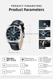 Vue détaillée d'une montre à quartz avec bracelet en cuir bleu et boîtier en acier