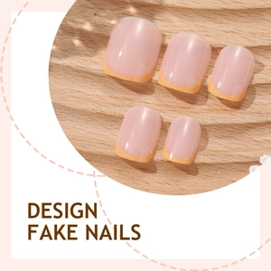 Short square French tips with nude pink base and yellow edges on wood texture