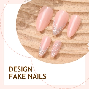 3D French pink press-on nails with silver liquid metal lines in almond shape