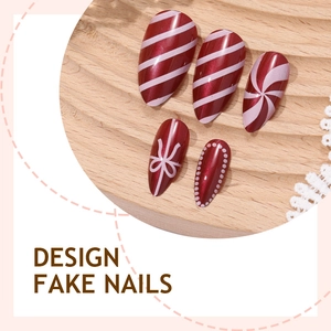 Glossy red and pink Christmas fake nails with almond shape, stripes and bow designs