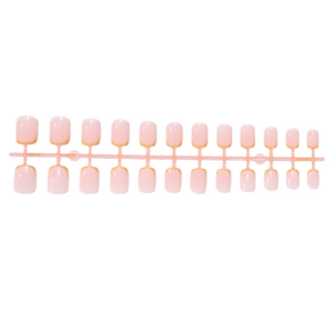 Short French-style press-on nails in pink with gold tips, 24 pieces on a rack