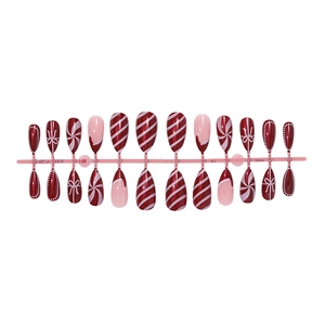 Christmas red candy cane stripe almond press-on nail set with bow designs