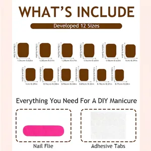 Short square nude press-on nails set size chart with 24 pieces and manicure tool kit