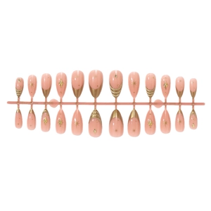 Kit d'ongles amande style français avec base pêche et détails dorés brillants
