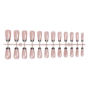 Sparkly black French tip press-on nails with cat-eye effect on a nude base, 24 pieces
