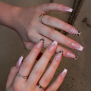 Press On Nails Pink Leopard Print With 3D Bow Matte Ballerina Fake Nails For Women