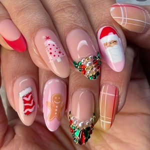 Christmas Press On Nails Almond Shape Rhinestone Artificial Pearl French Tip Santa Tree Pattern DIY Manicure For Women