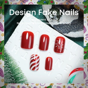 Weihnachts-Nägel zum Aufkleben mit roten Schneeflocken und Streifen für festliche Styles