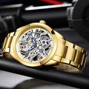 Men's golden skeleton automatic mechanical watch with luxury steel strap and blue hands