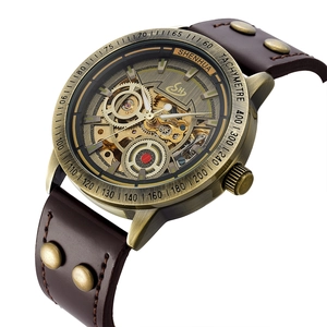 Retro skeleton mechanical watch with bronze case, tachymeter bezel and rivet leather strap