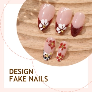 Almond fake nails with red and pink tones featuring leopard print and floral 3D designs
