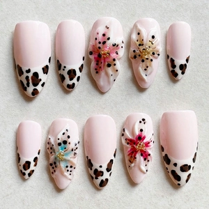Handmade Almond Press On Nails 3D Flower Leopard Print French Tip Pink Glossy False Nails For Women Fashion