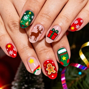 Unghie Finte Natalizie Riutilizzabili Resina Mandorla Ovale Corte Disegni Cartone Animato Renna Fiocchi Di Neve Motivi DIY Manicure Per Donne