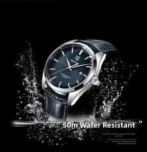 Montre à quartz étanche pour homme avec cadran bleu et bracelet cuir sous l'eau