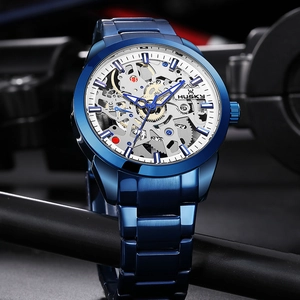 Luminous blue stainless steel hollow mechanical watch for men by Husky with visible gear design